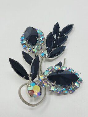 Vintage Black Rhinestone AB Crystal Floral Brooch Silver Tone